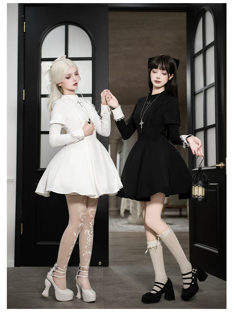 Nihil - Gothic Nun Lolita OP Dress, Irregular Hem Cape - Image 17