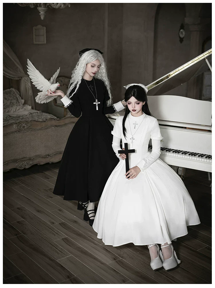 Nihil - Gothic Nun Lolita OP Dress, Irregular Hem Cape - Image 18