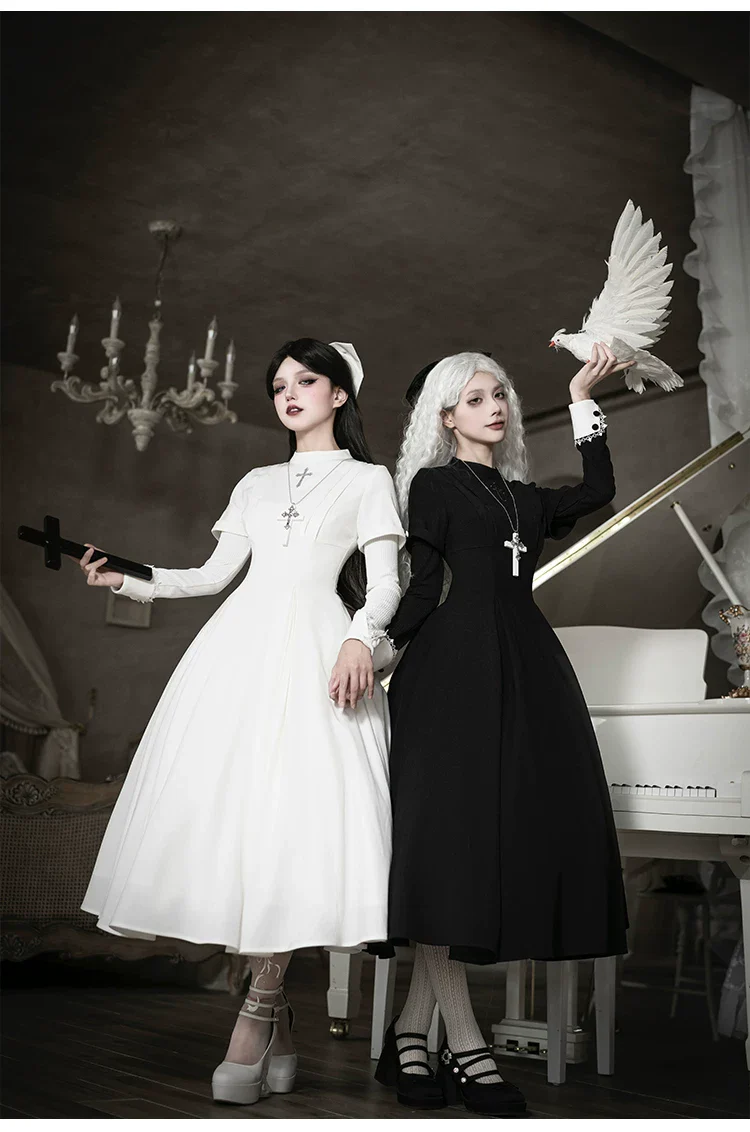 Nihil - Gothic Nun Lolita OP Dress, Irregular Hem Cape - Image 19
