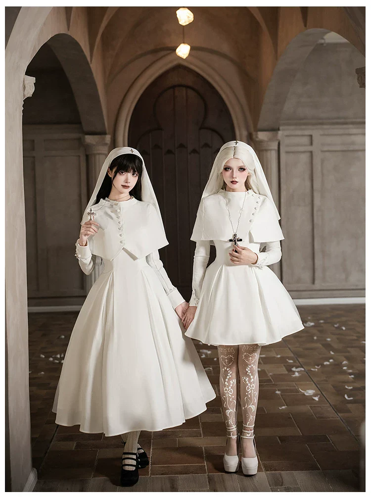 Nihil - Gothic Nun Lolita OP Dress, Irregular Hem Cape - Image 2