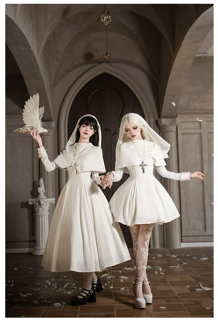 Nihil - Gothic Nun Lolita OP Dress, Irregular Hem Cape - Image 20