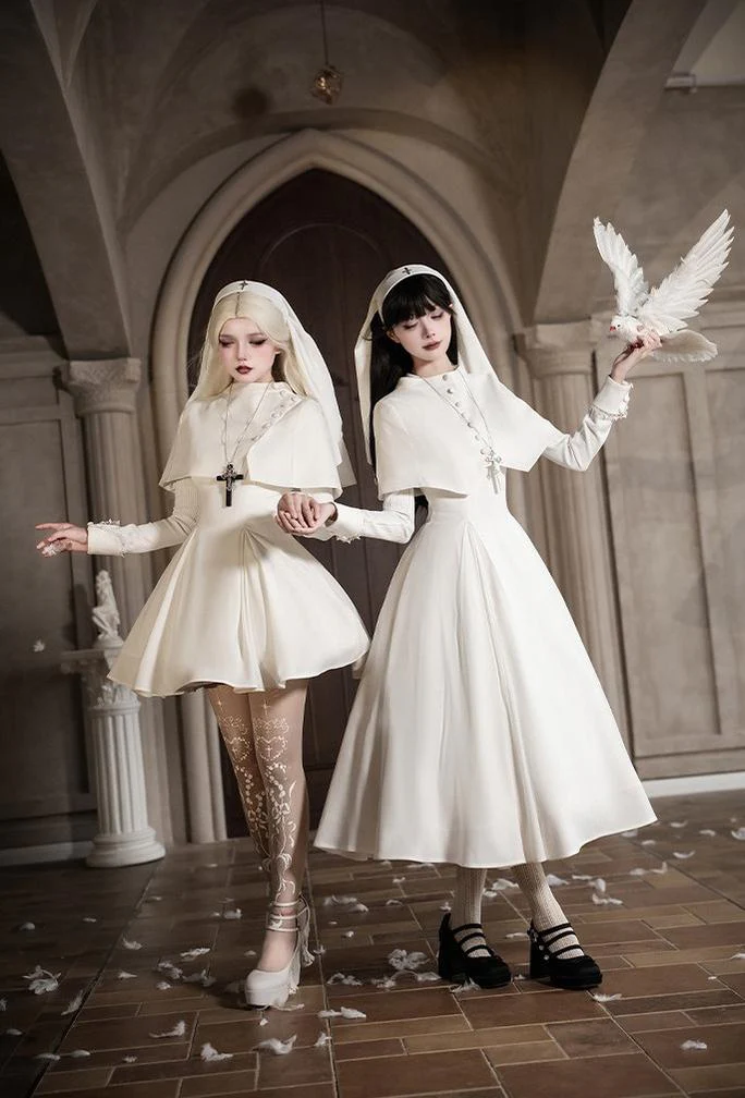 Nihil - Gothic Nun Lolita OP Dress, Irregular Hem Cape - Image 21