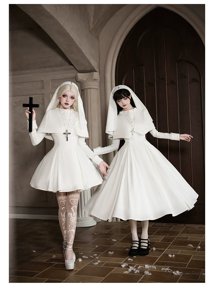 Nihil - Gothic Nun Lolita OP Dress, Irregular Hem Cape - Image 22