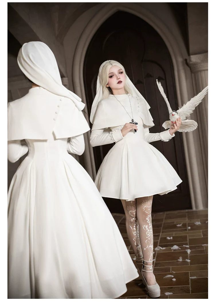 Nihil - Gothic Nun Lolita OP Dress, Irregular Hem Cape - Image 23
