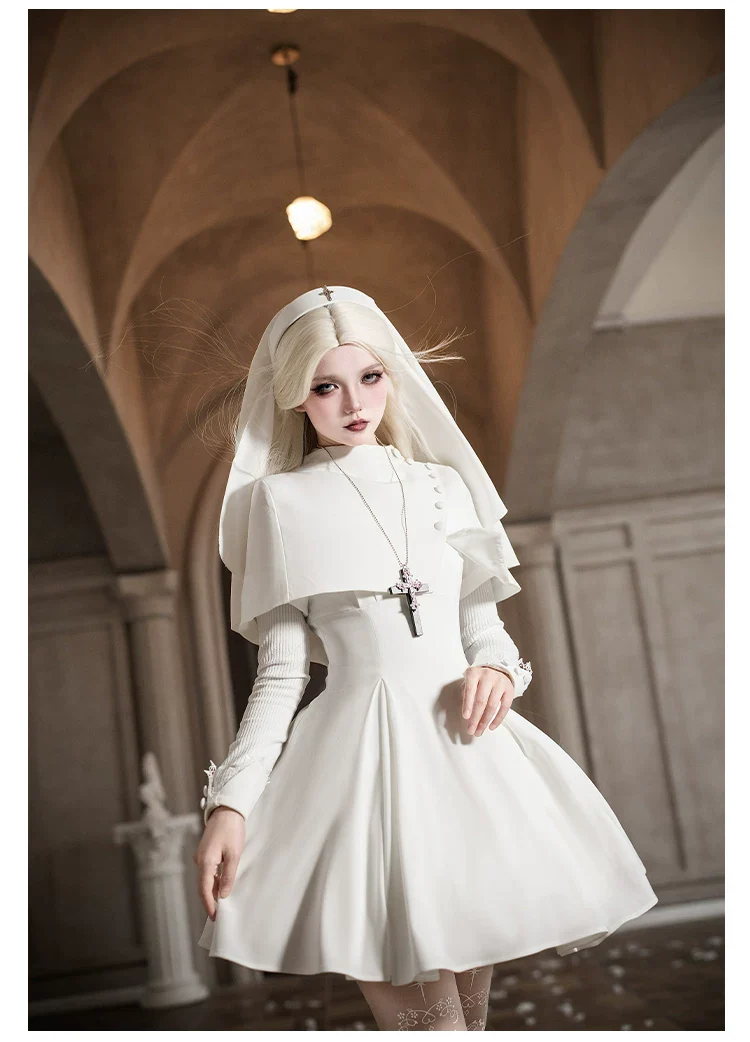 Nihil - Gothic Nun Lolita OP Dress, Irregular Hem Cape - Image 27