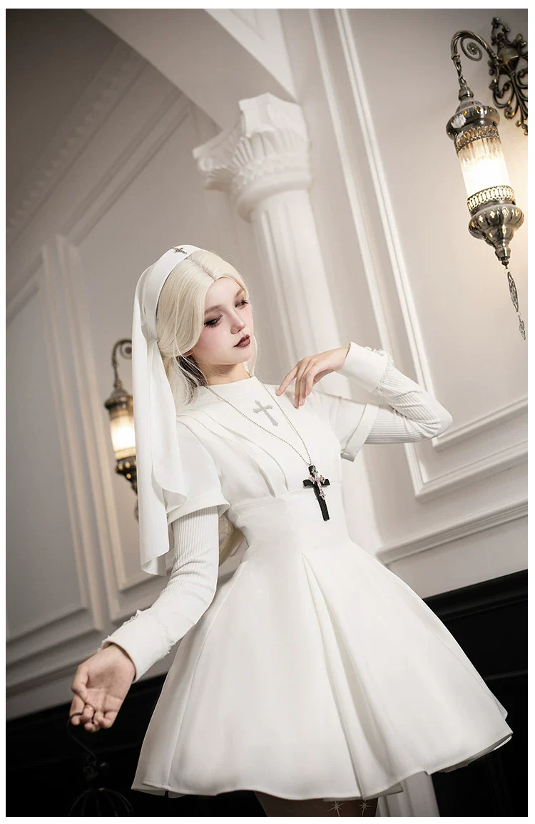 Nihil - Gothic Nun Lolita OP Dress, Irregular Hem Cape - Image 28