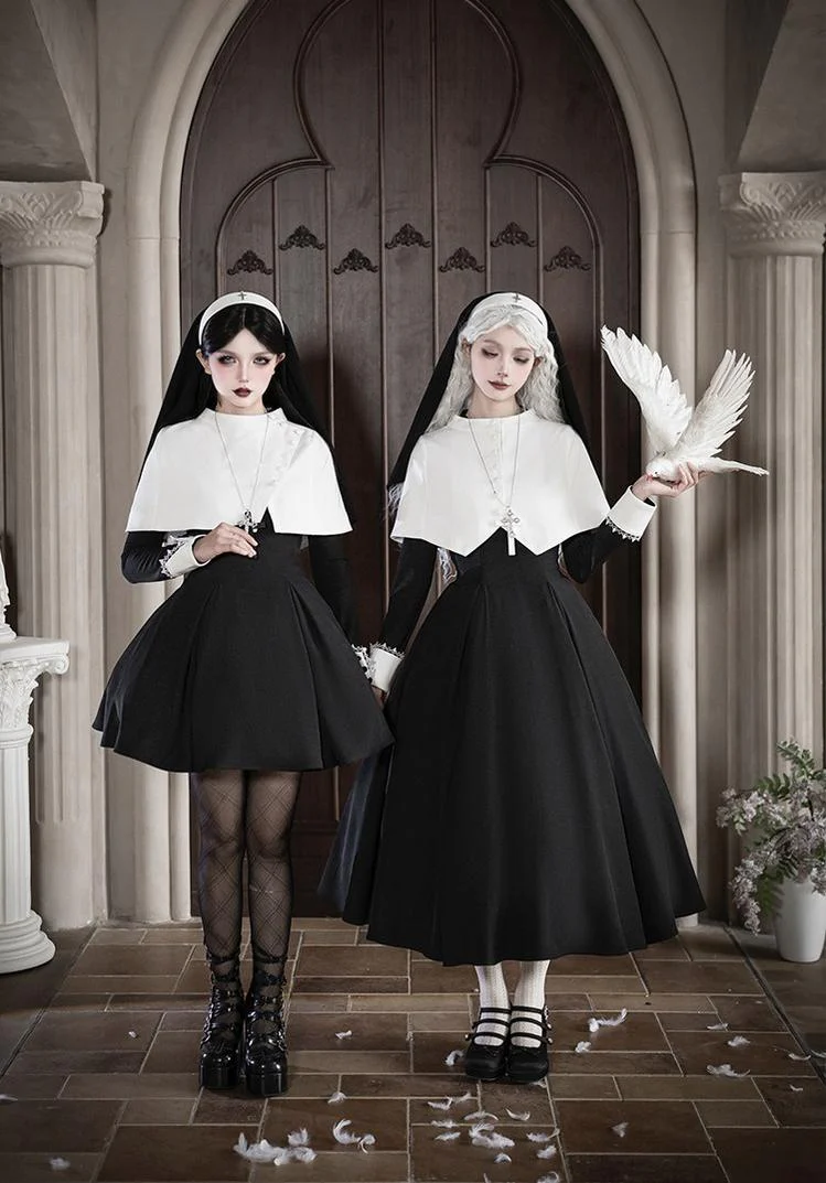Nihil - Gothic Nun Lolita OP Dress, Irregular Hem Cape - Image 3