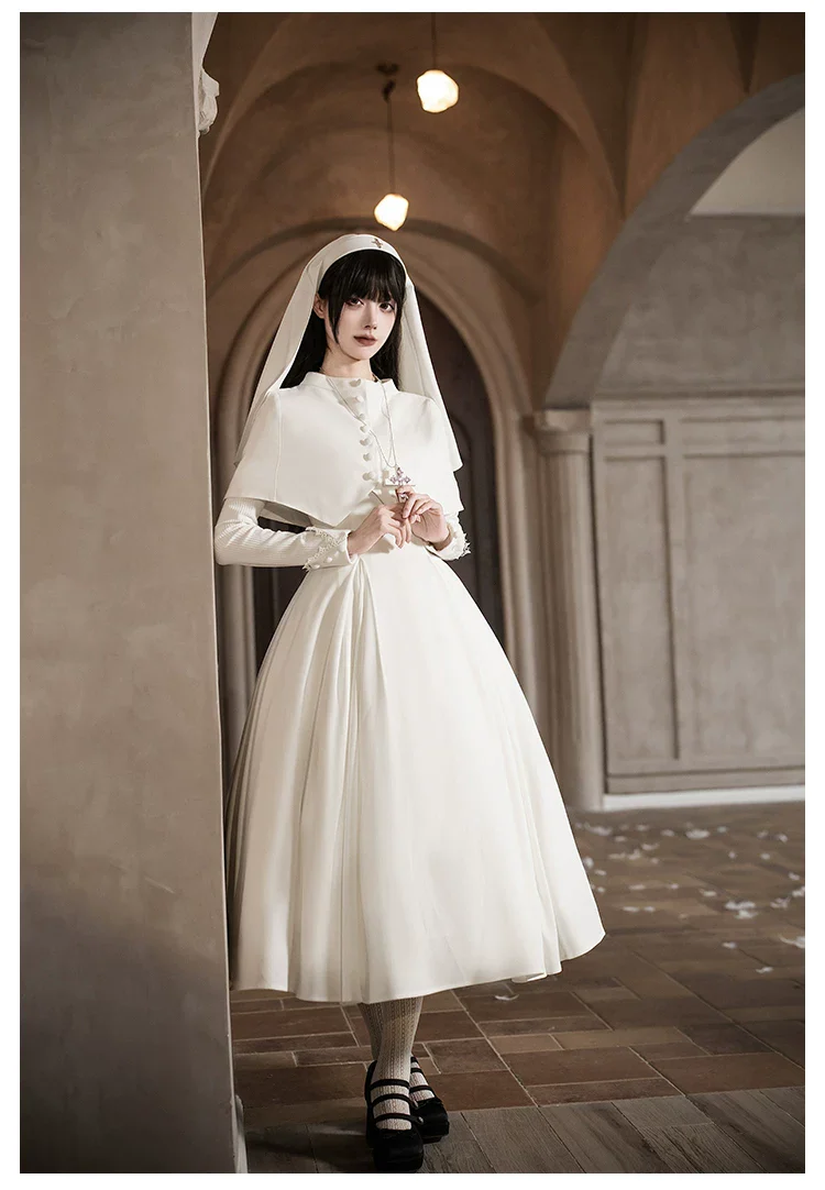 Nihil - Gothic Nun Lolita OP Dress, Irregular Hem Cape - Image 32