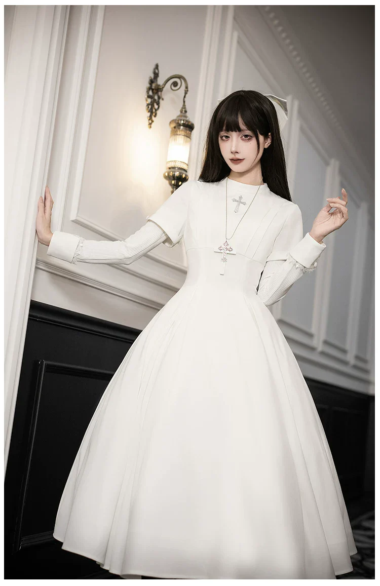 Nihil - Gothic Nun Lolita OP Dress, Irregular Hem Cape - Image 34
