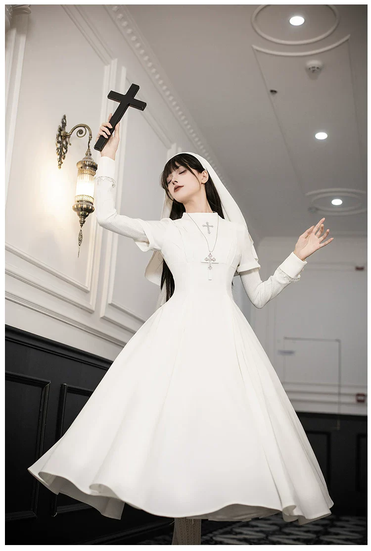 Nihil - Gothic Nun Lolita OP Dress, Irregular Hem Cape - Image 35