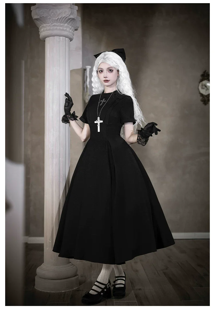Nihil - Gothic Nun Lolita OP Dress, Irregular Hem Cape - Image 36
