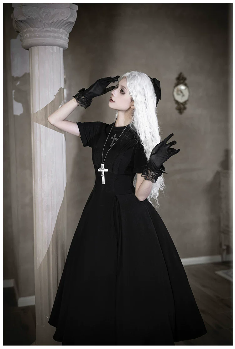 Nihil - Gothic Nun Lolita OP Dress, Irregular Hem Cape - Image 37