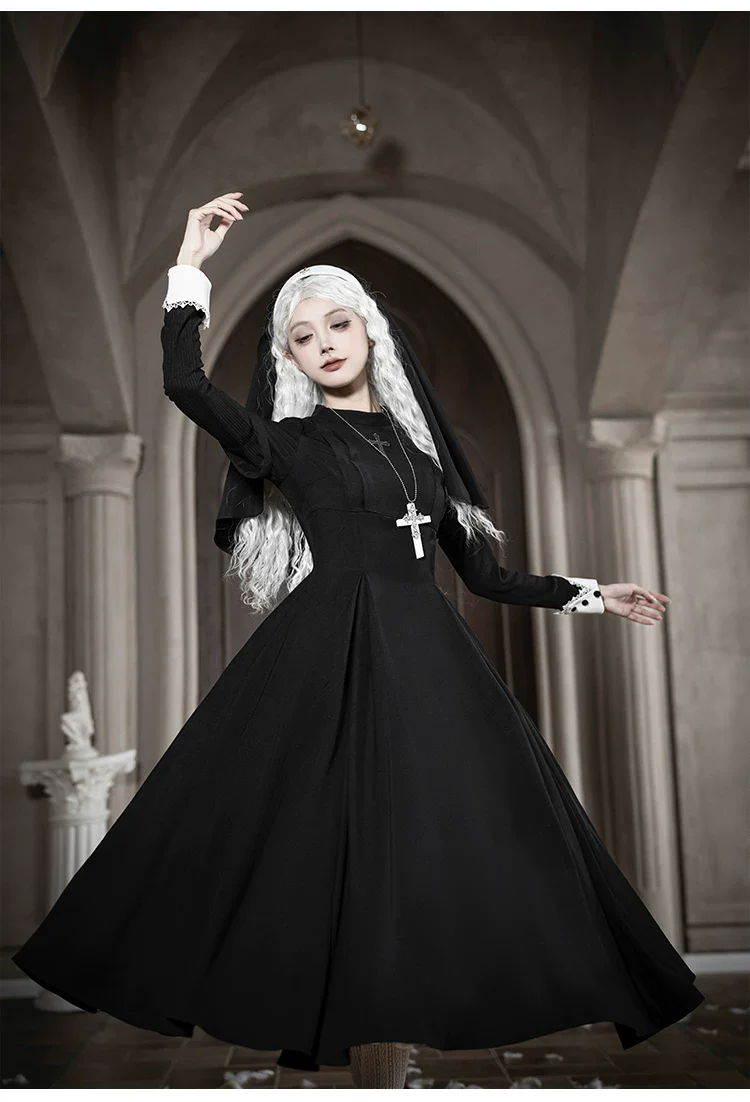 Nihil - Gothic Nun Lolita OP Dress, Irregular Hem Cape - Image 38