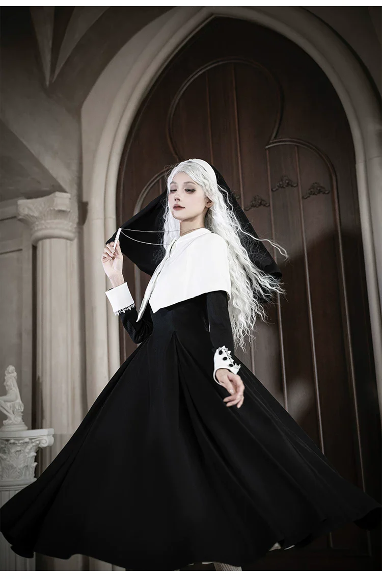 Nihil - Gothic Nun Lolita OP Dress, Irregular Hem Cape - Image 39