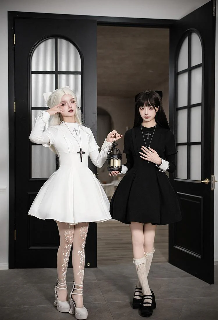 Nihil - Gothic Nun Lolita OP Dress, Irregular Hem Cape - Image 4