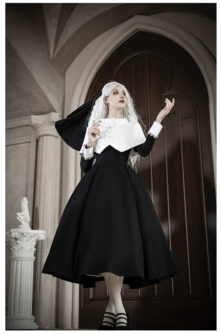 Nihil - Gothic Nun Lolita OP Dress, Irregular Hem Cape - Image 40
