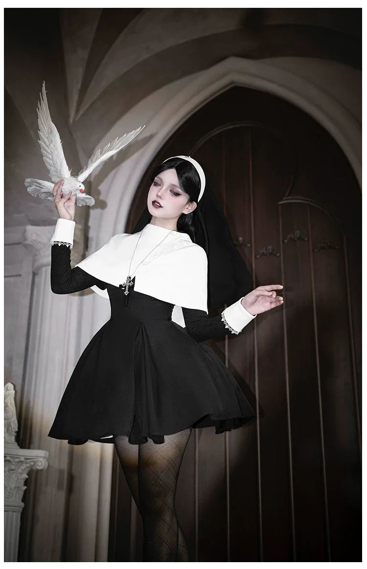 Nihil - Gothic Nun Lolita OP Dress, Irregular Hem Cape - Image 41