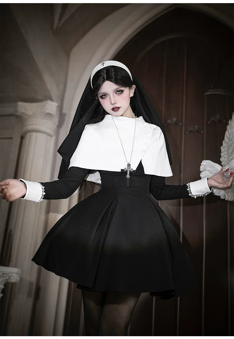 Nihil - Gothic Nun Lolita OP Dress, Irregular Hem Cape - Image 42