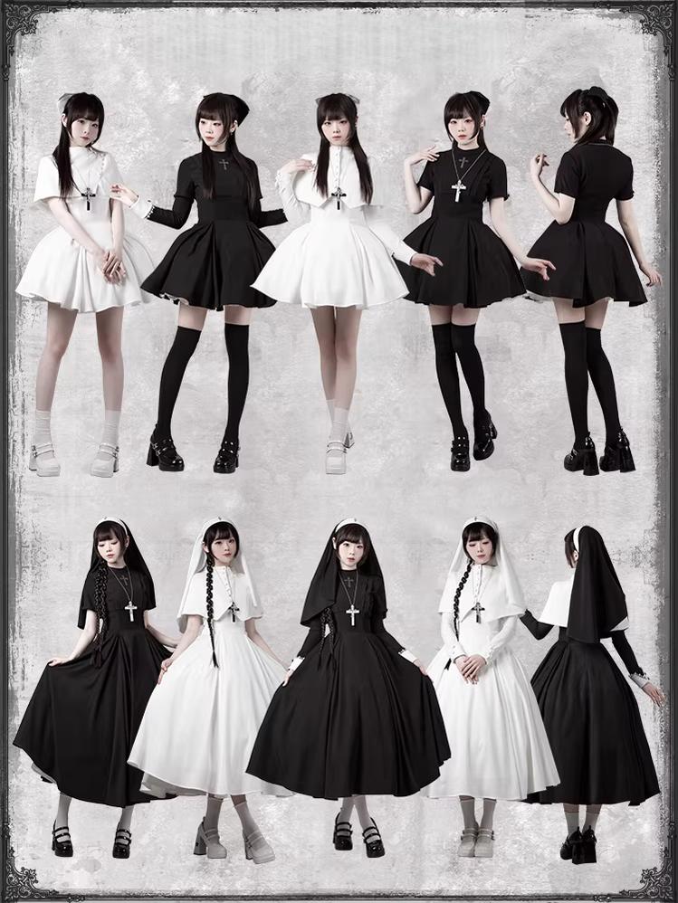 Nihil - Gothic Nun Lolita OP Dress, Irregular Hem Cape - Image 43