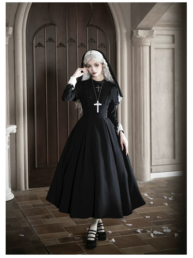Nihil - Gothic Nun Lolita OP Dress, Irregular Hem Cape - Image 5