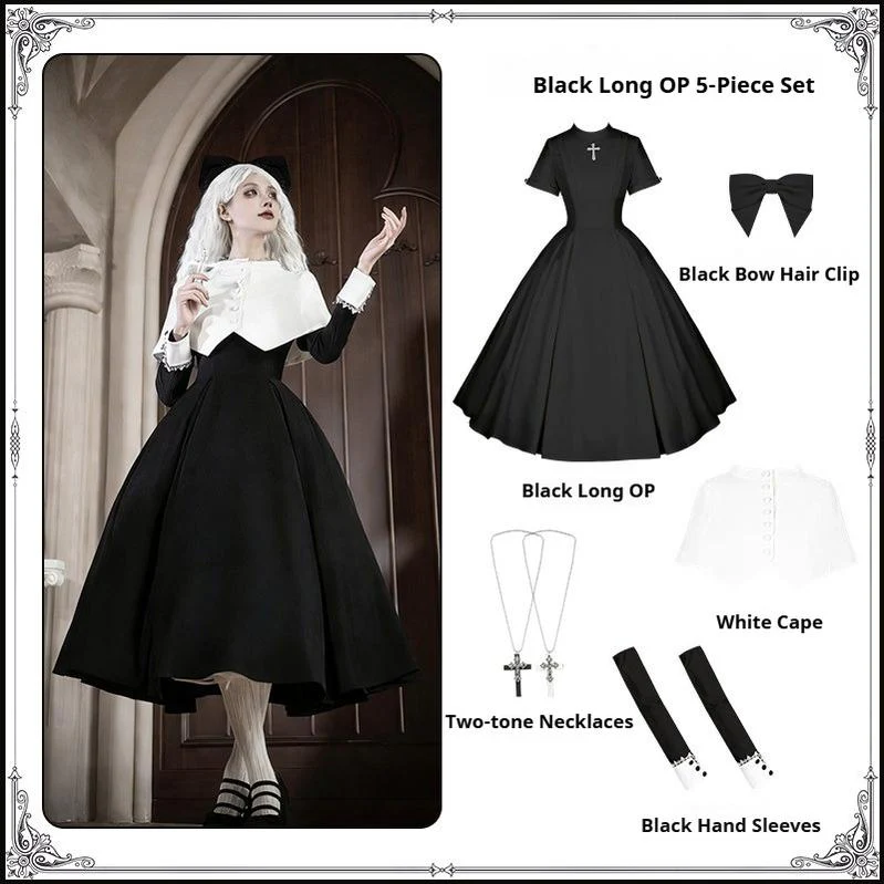 Nihil - Gothic Nun Lolita OP Dress, Irregular Hem Cape - Image 59