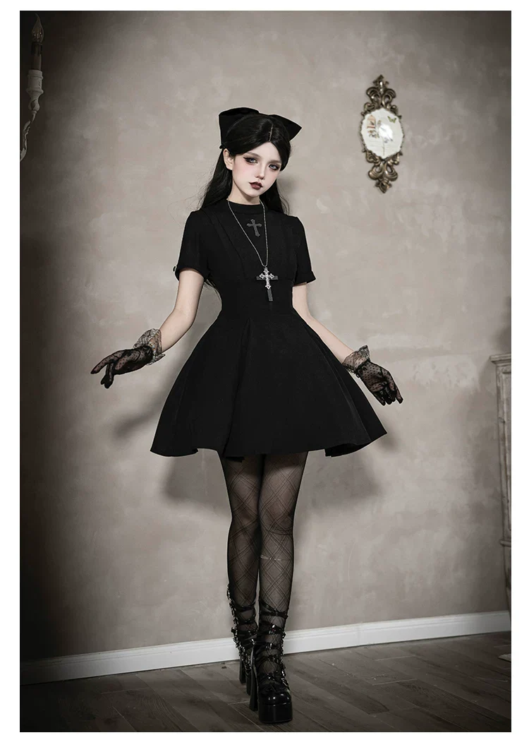 Nihil - Gothic Nun Lolita OP Dress, Irregular Hem Cape - Image 6
