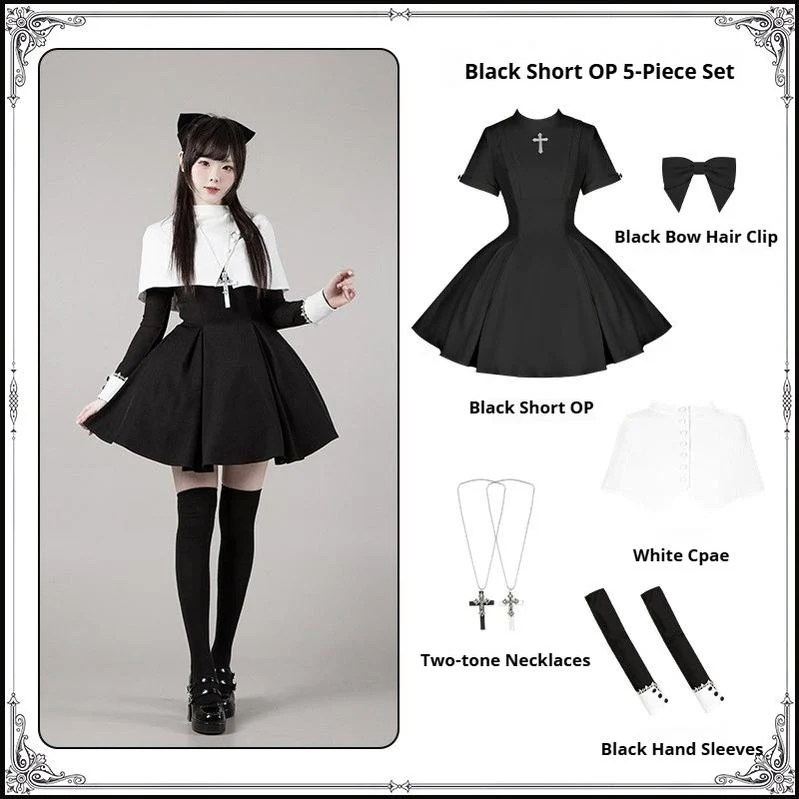 Nihil - Gothic Nun Lolita OP Dress, Irregular Hem Cape - Image 60