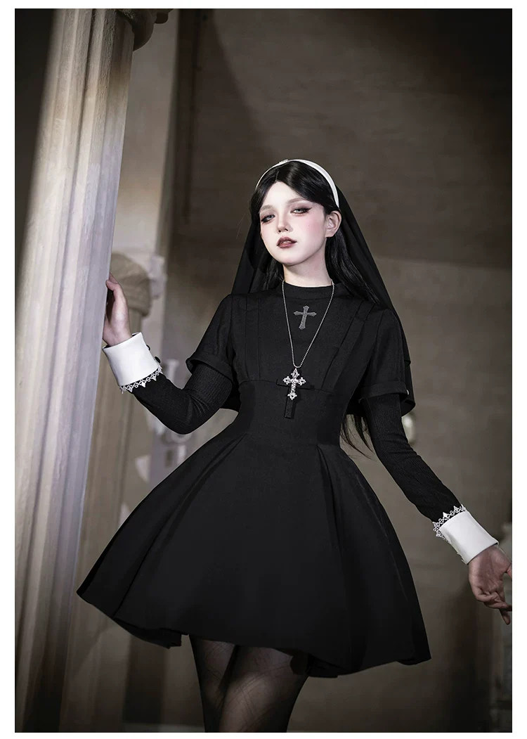 Nihil - Gothic Nun Lolita OP Dress, Irregular Hem Cape - Image 7