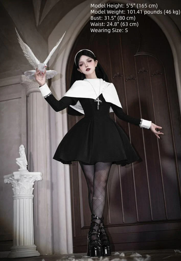 Nihil - Gothic Nun Lolita OP Dress, Irregular Hem Cape - Image 8