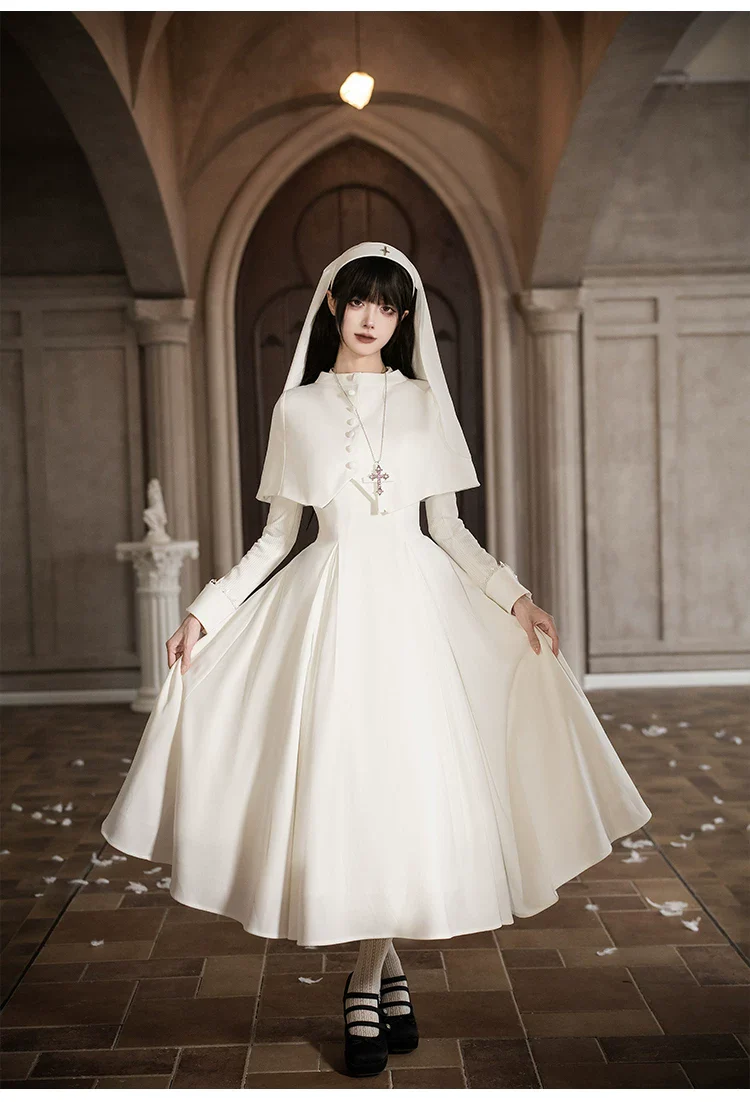 Nihil - Gothic Nun Lolita OP Dress, Irregular Hem Cape - Image 9