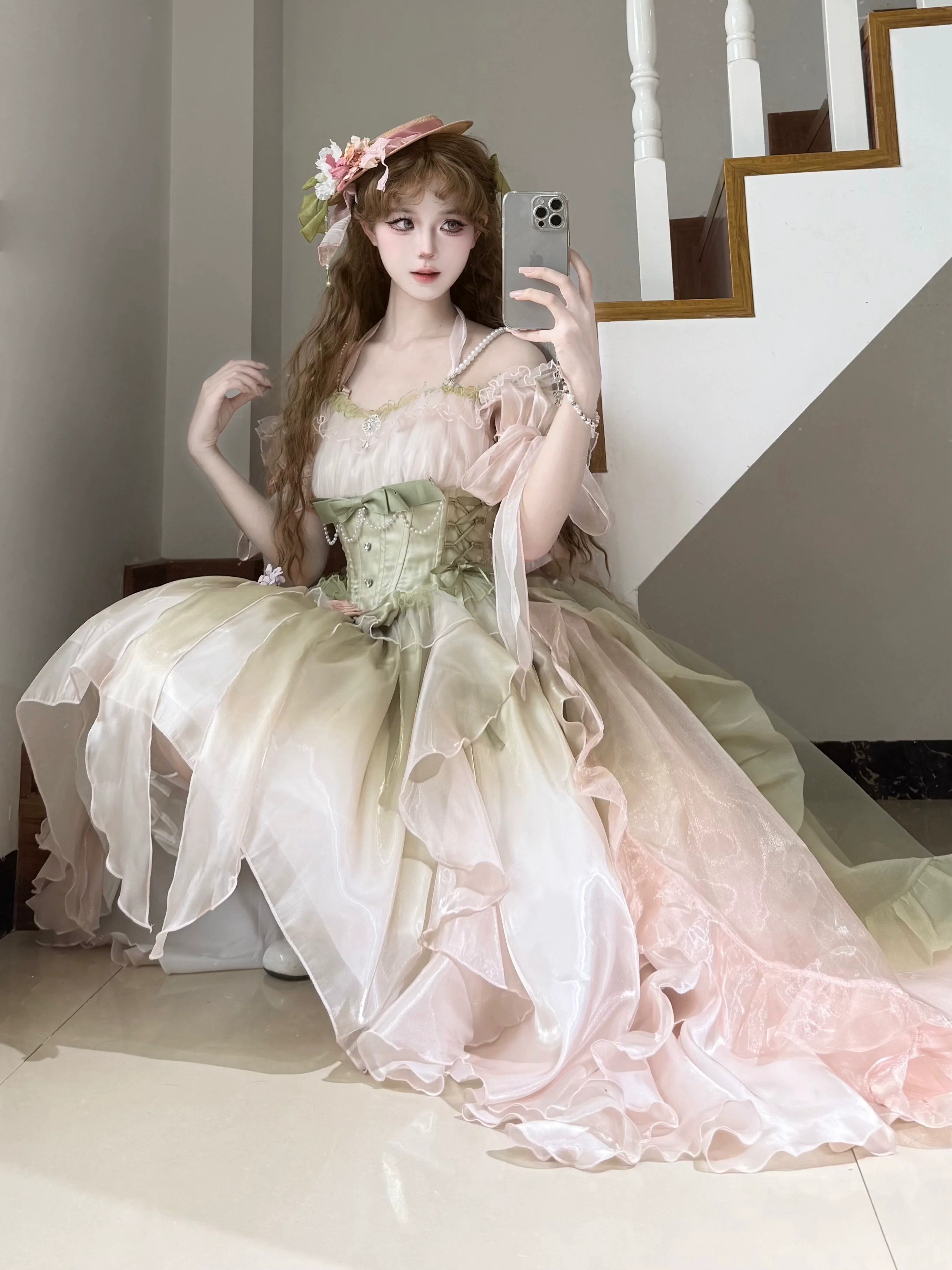 Meowing and fruity - Midsummer Dream - Gradient Color Wedding Lolita JSK Dress Set, Fishbone Waist - Image 16