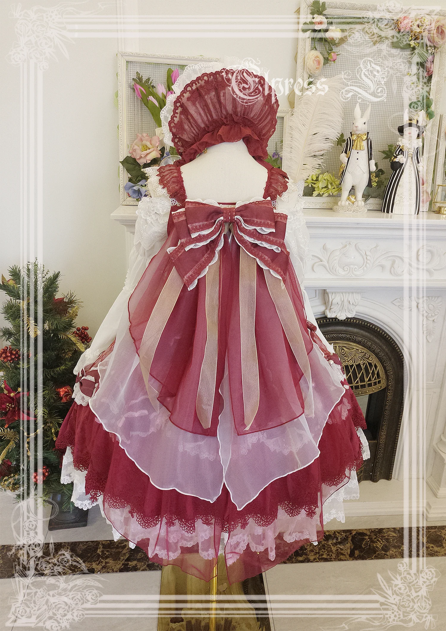 Christmas Flower Hairpins Lolita Mesh Veil KC Bonnet - Image 2