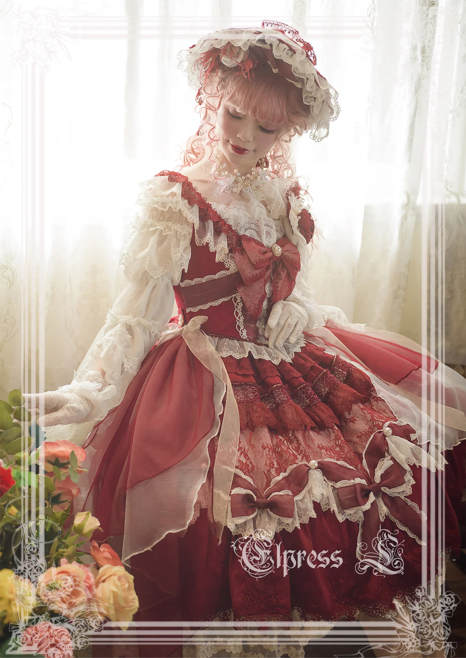Christmas Flower Hairpins Lolita Mesh Veil KC Bonnet - Image 9