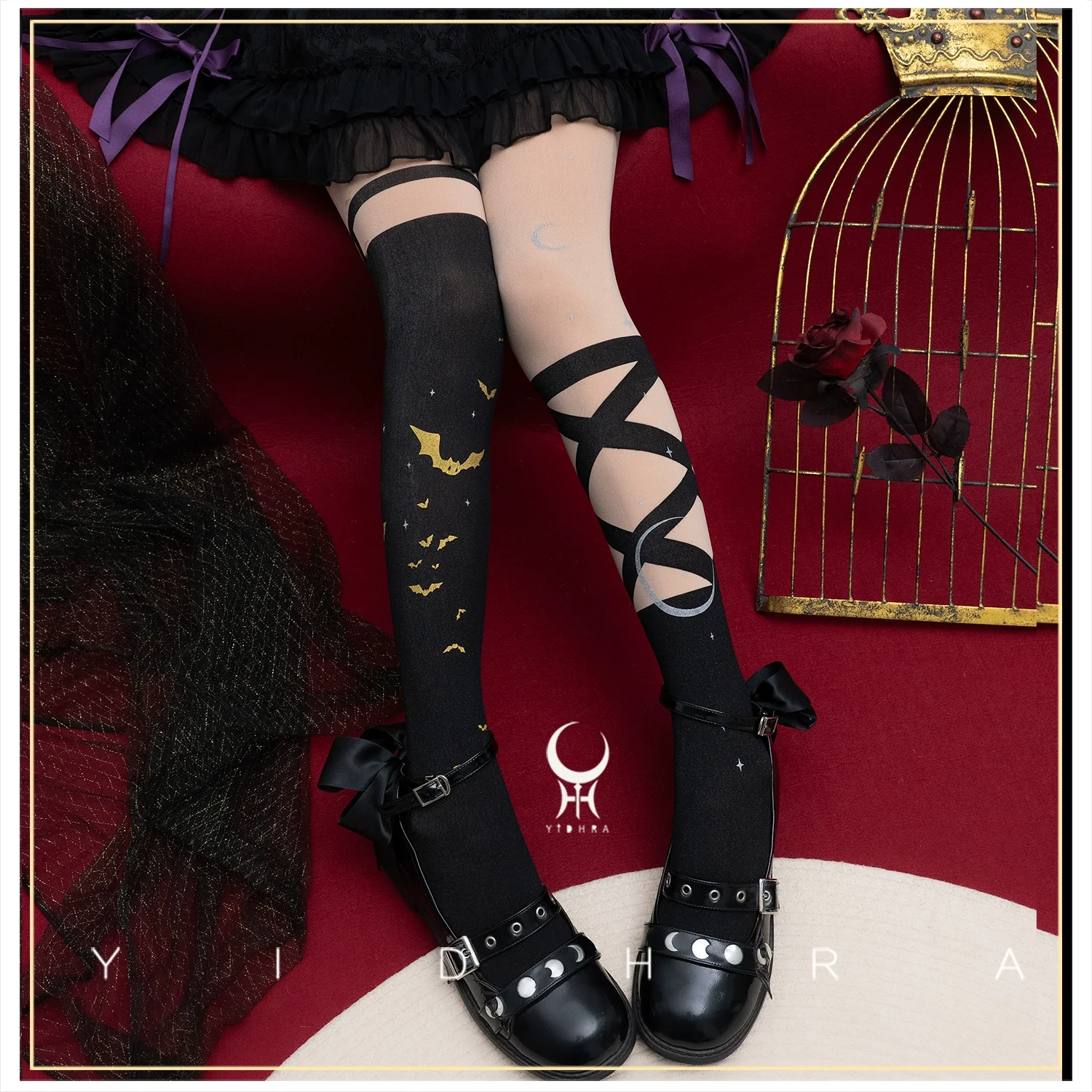 Yidhra - Night of Little Bats - Halloween Gothic Lolita Pantyhose, Bat Print - Image 3