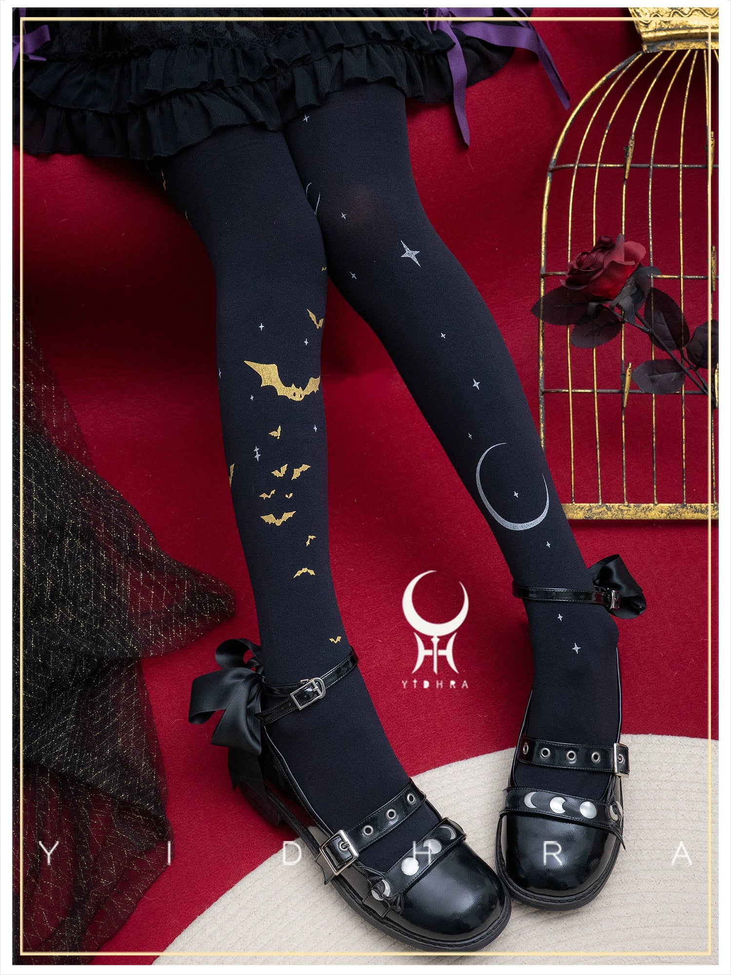Yidhra - Night of Little Bats - Halloween Gothic Lolita Pantyhose, Bat Print - Image 4