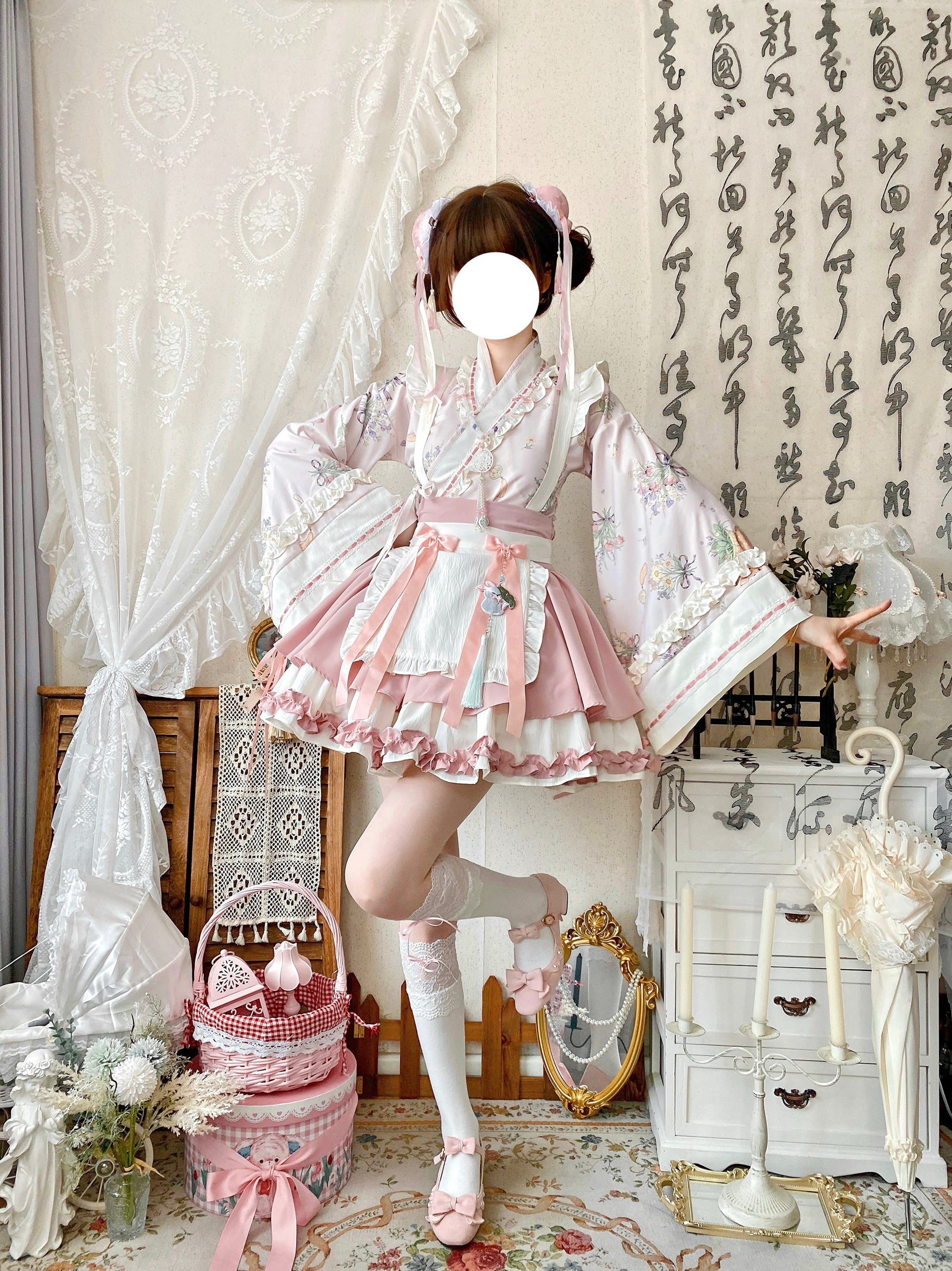 Qianmu - Little Herbalist - Han Lolita Skirt Outfit with Cross-collar Blouse and Apron - Image 5