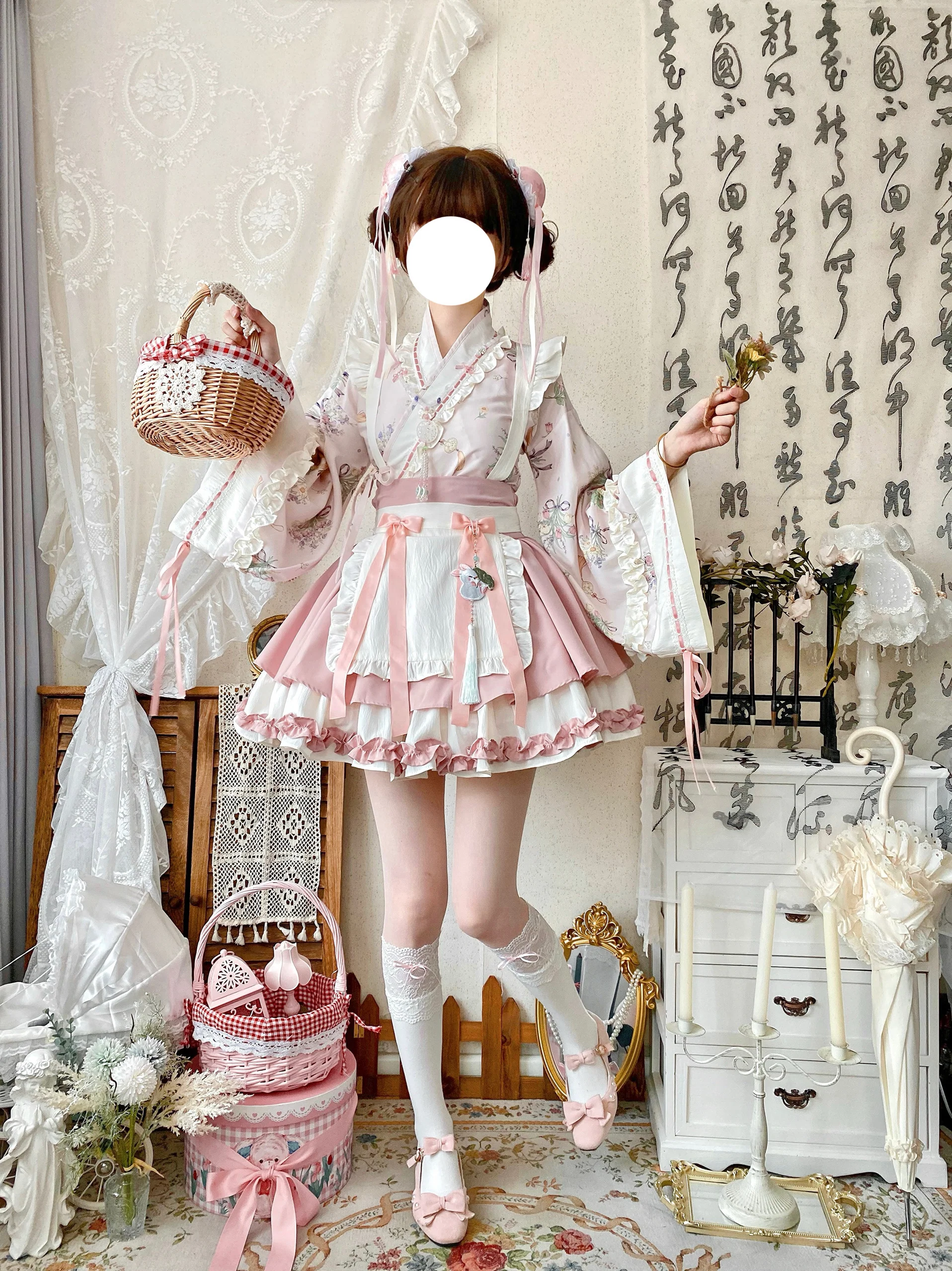 Qianmu - Little Herbalist - Han Lolita Skirt Outfit with Cross-collar Blouse and Apron - Image 7