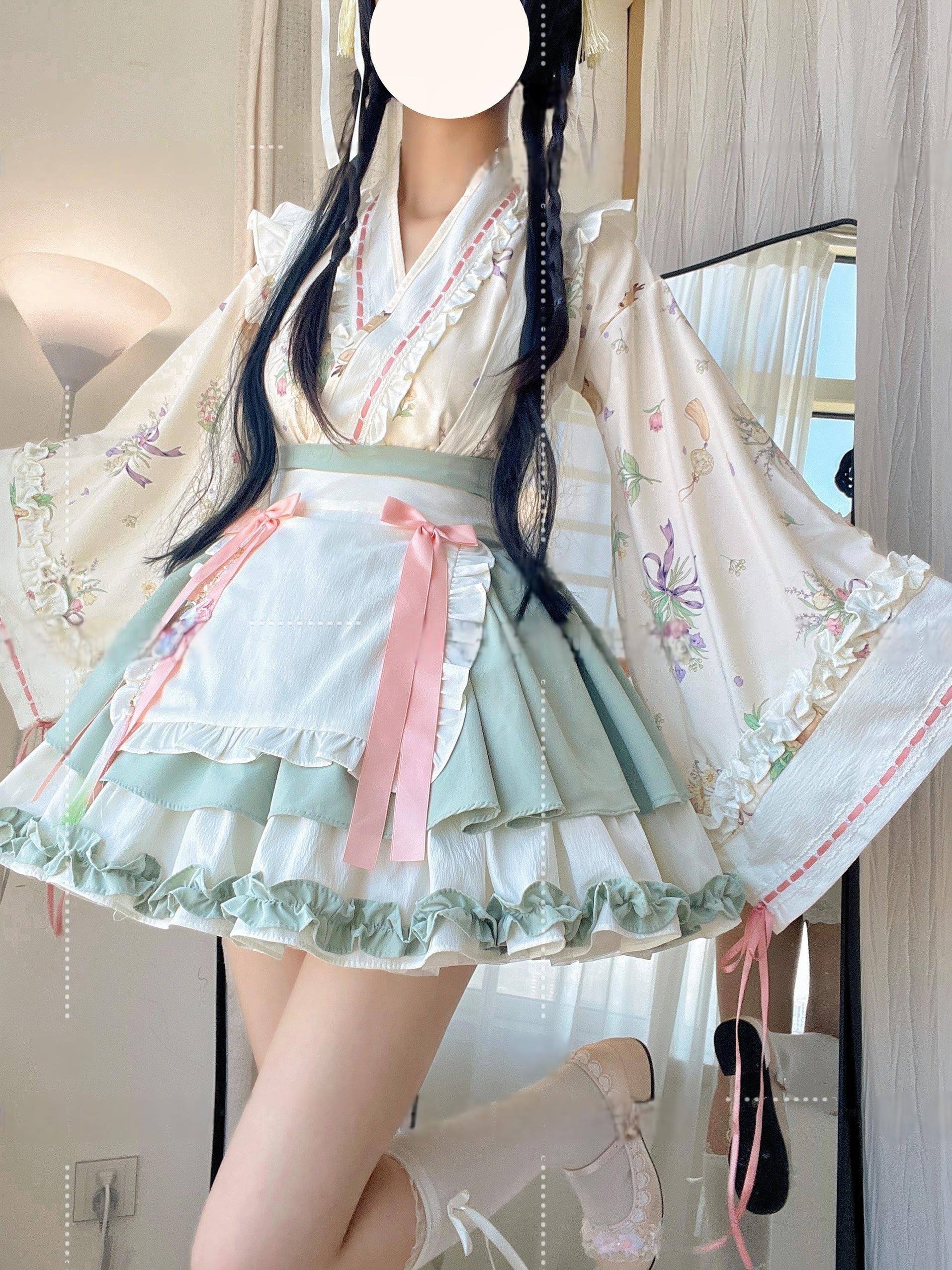 Qianmu - Little Herbalist - Han Lolita Skirt Outfit with Cross-collar Blouse and Apron - Image 8