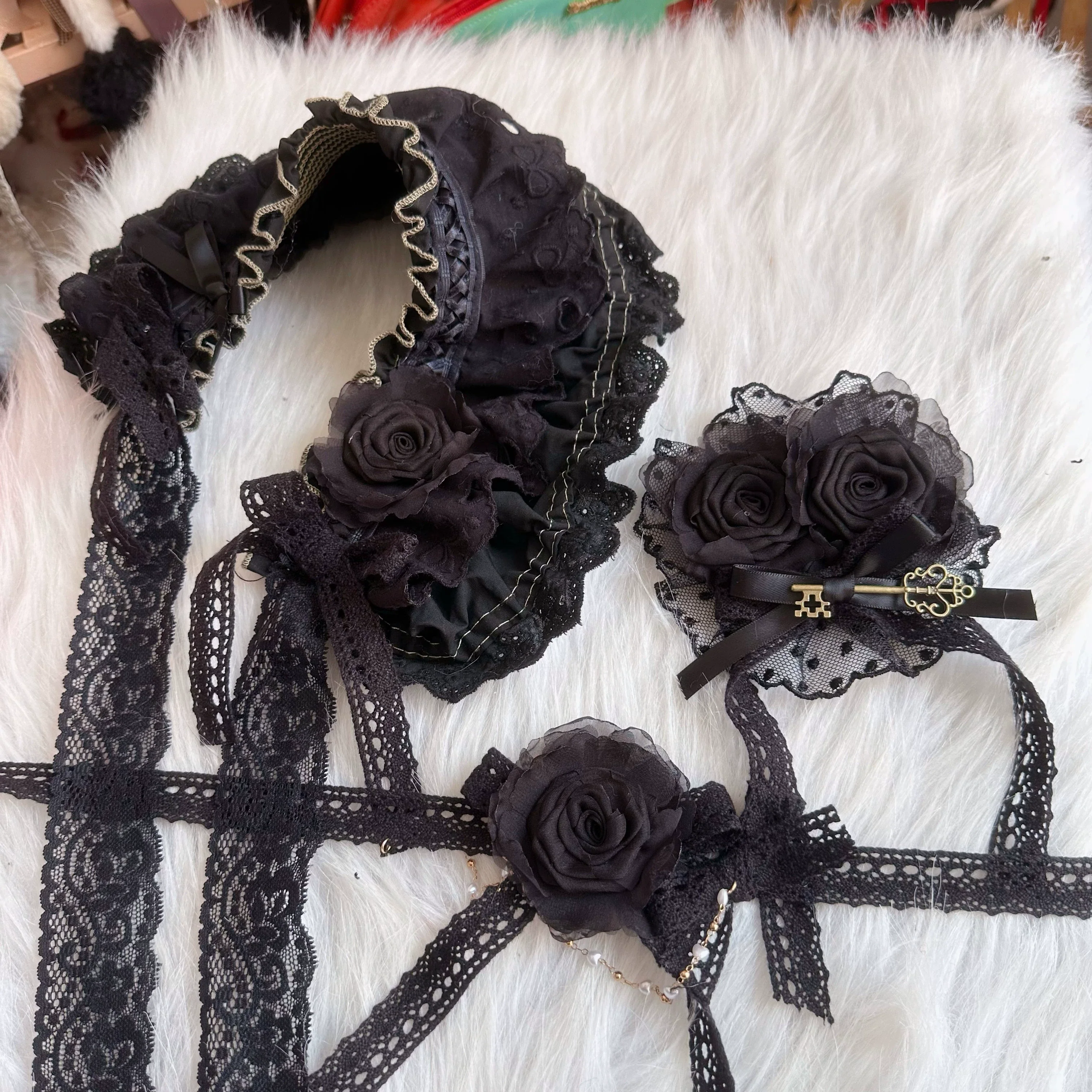 Handmade Cotton Lolita Bonnet Rose Elements BNT - Image 10