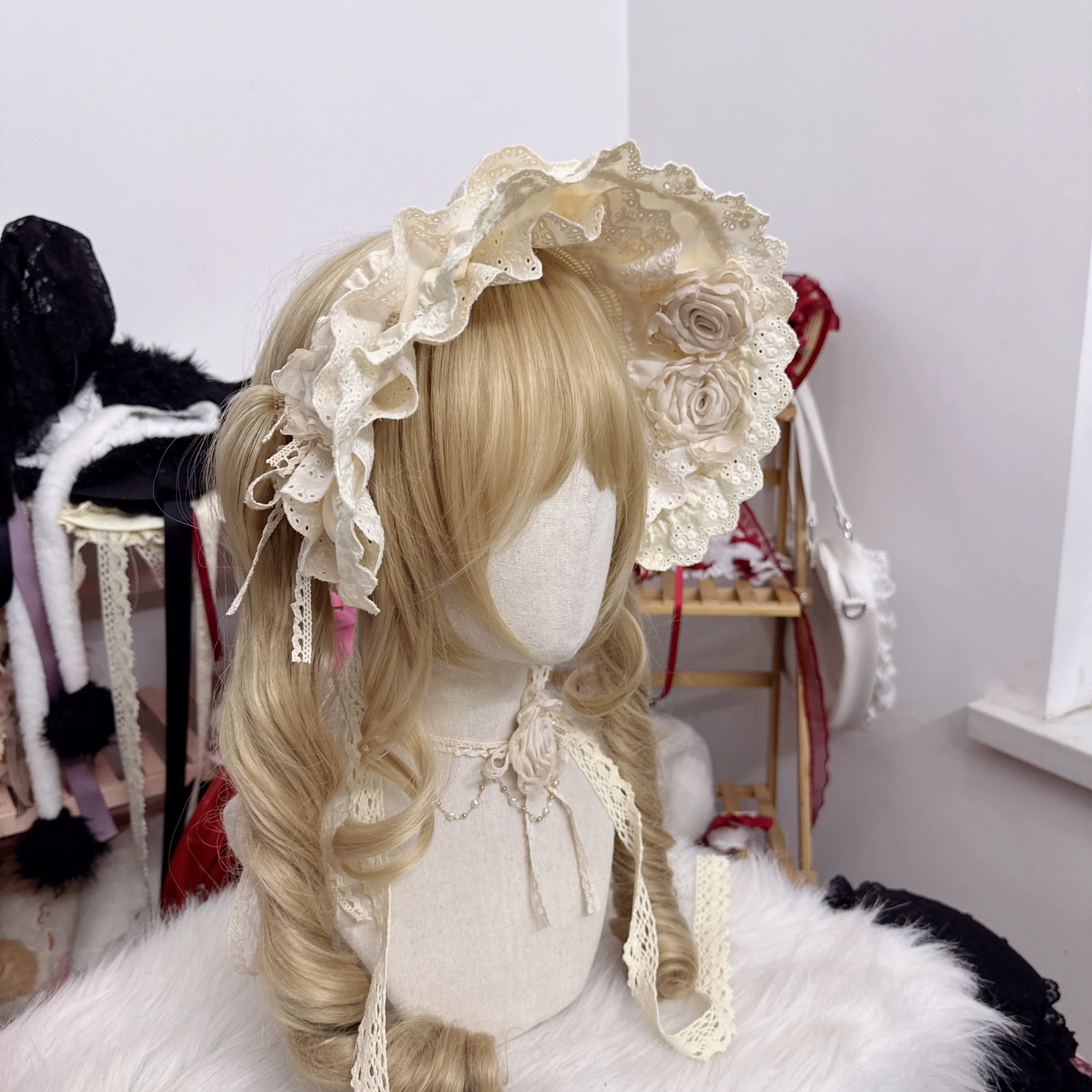 Handmade Cotton Lolita Bonnet Rose Elements BNT - Image 5