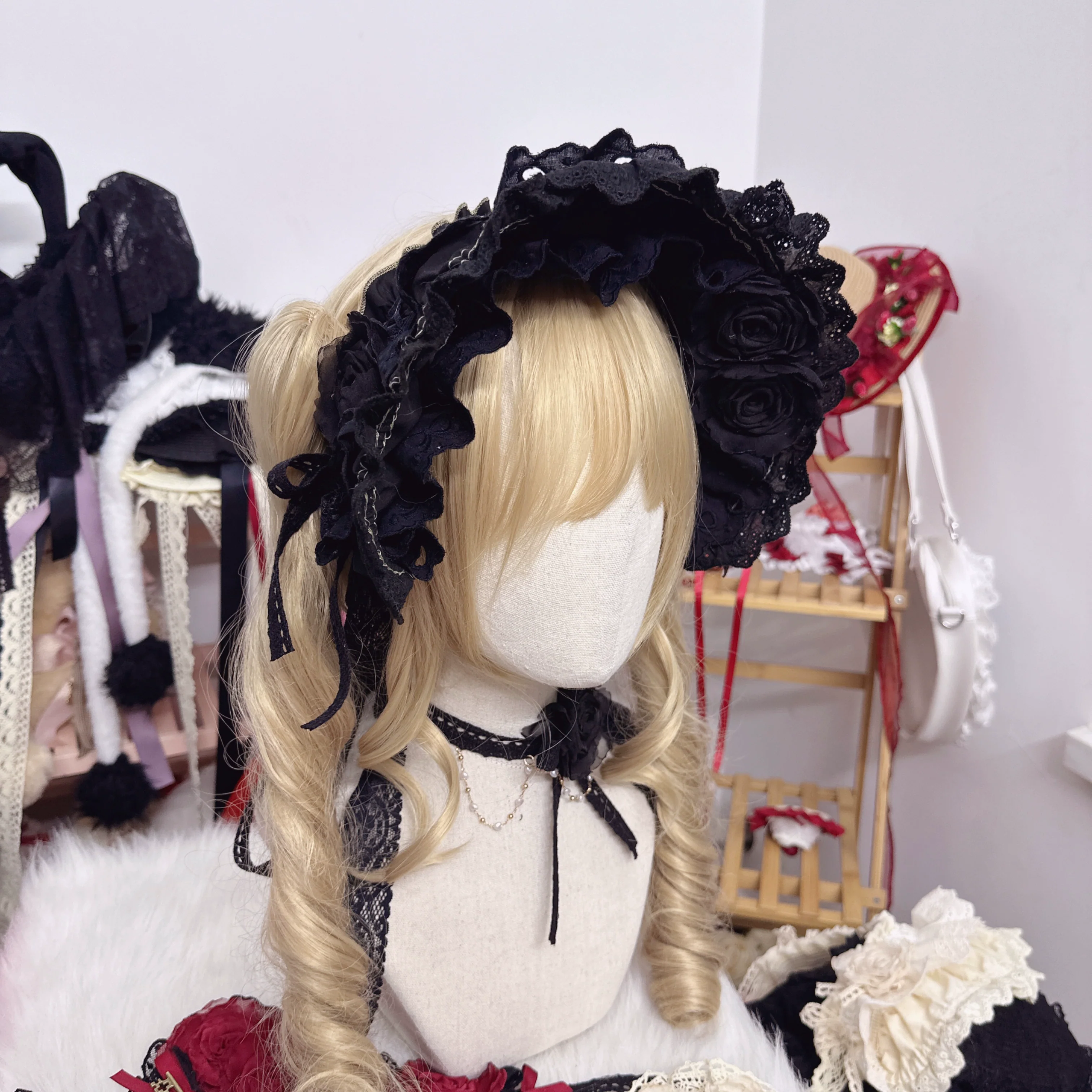 Handmade Cotton Lolita Bonnet Rose Elements BNT - Image 6