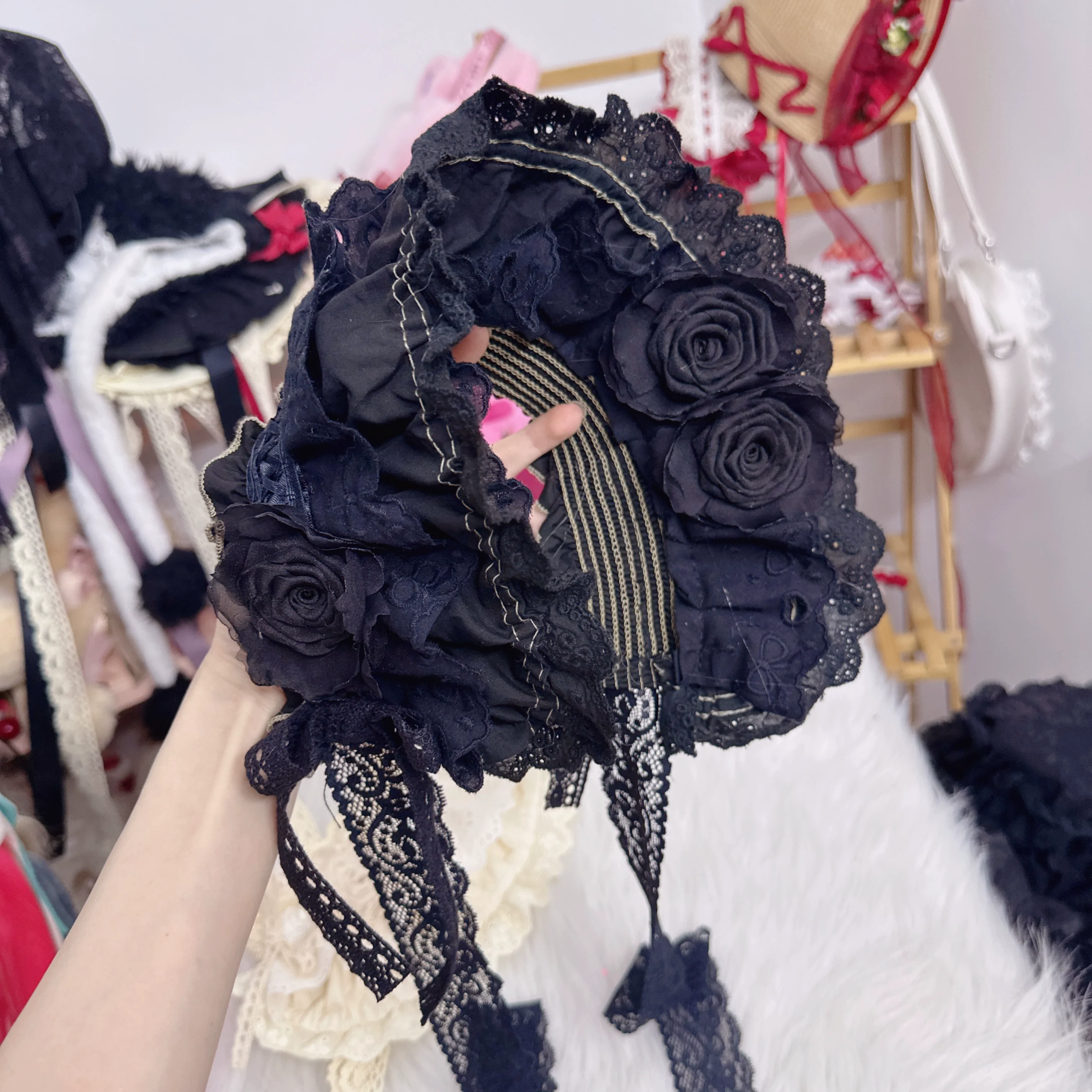 Handmade Cotton Lolita Bonnet Rose Elements BNT - Image 8