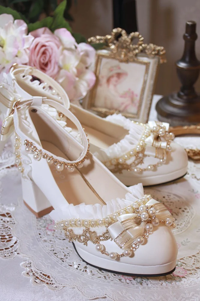 One Night - Handmade White Wedding Lolita Heel Shoes - Image 6