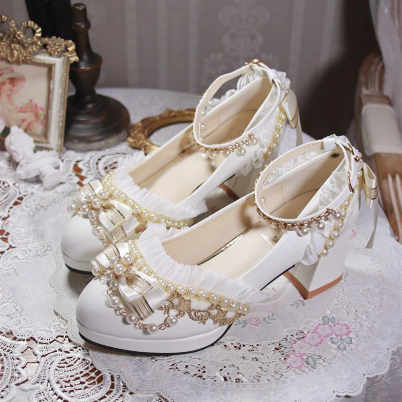 One Night - Handmade White Wedding Lolita Heel Shoes - Image 7