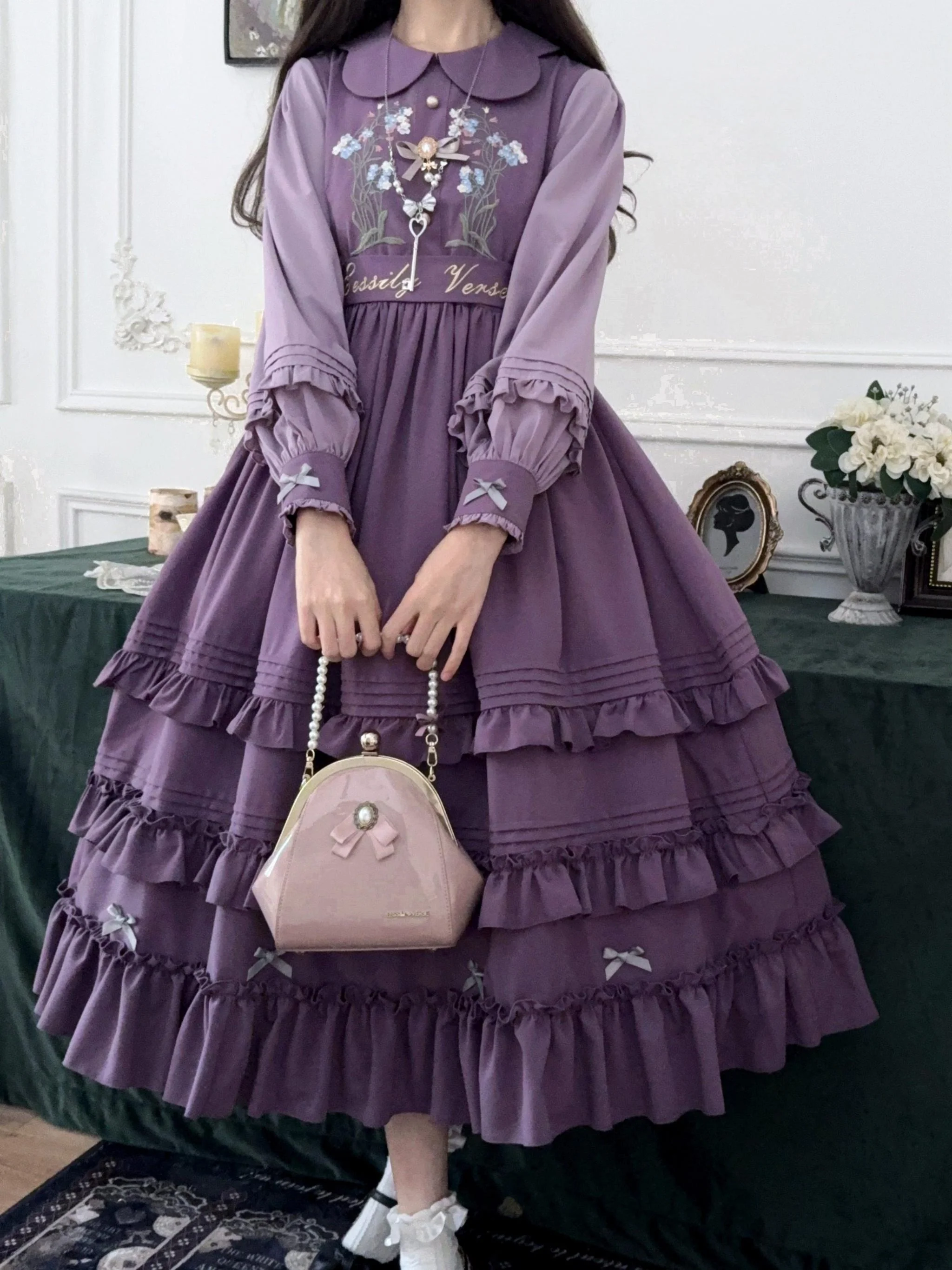 Verdant Name - High-waisted Classic Lolita Dress, Embroidered Bellflower - Image 23