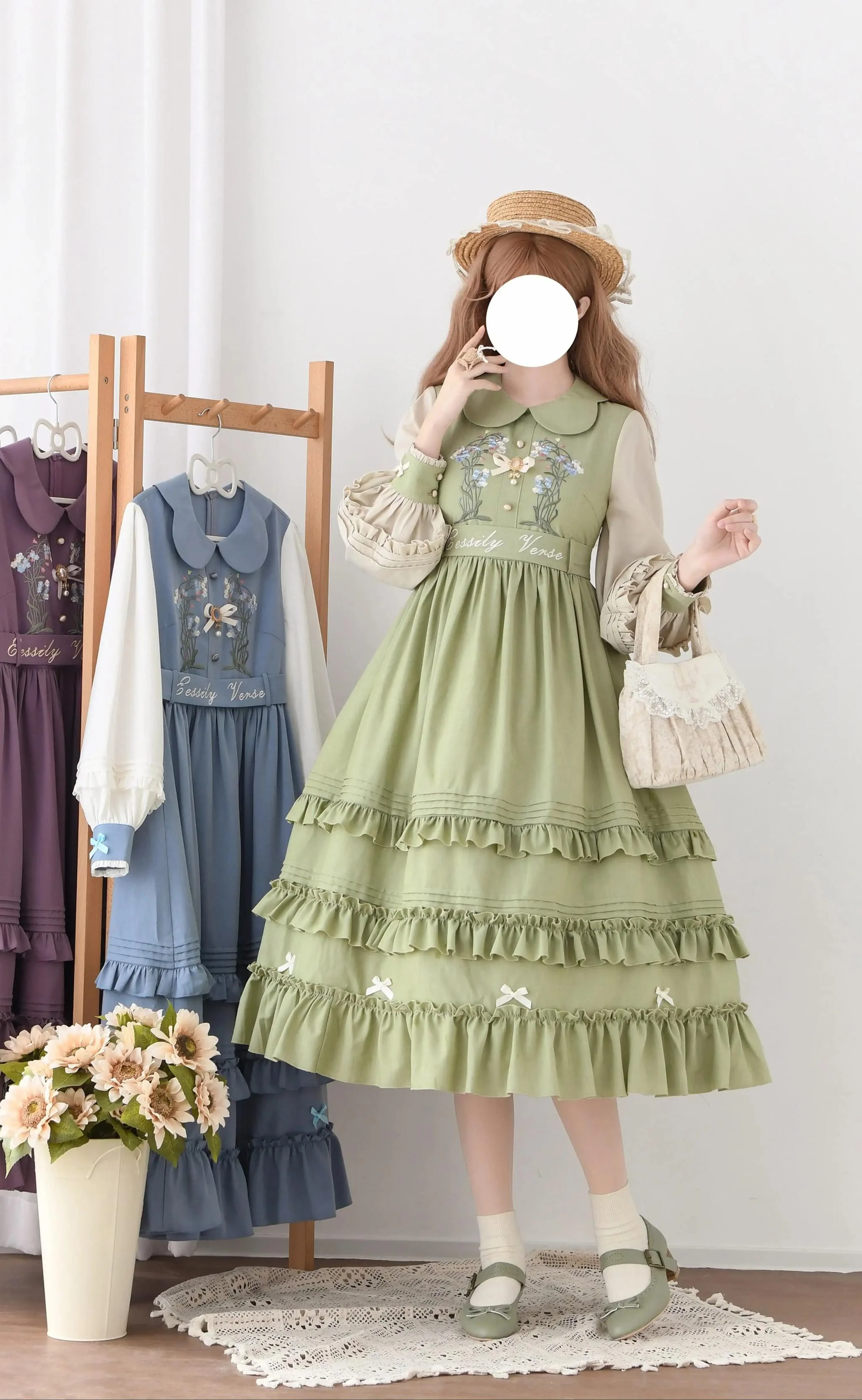 Verdant Name - High-waisted Classic Lolita Dress, Embroidered Bellflower - Image 4