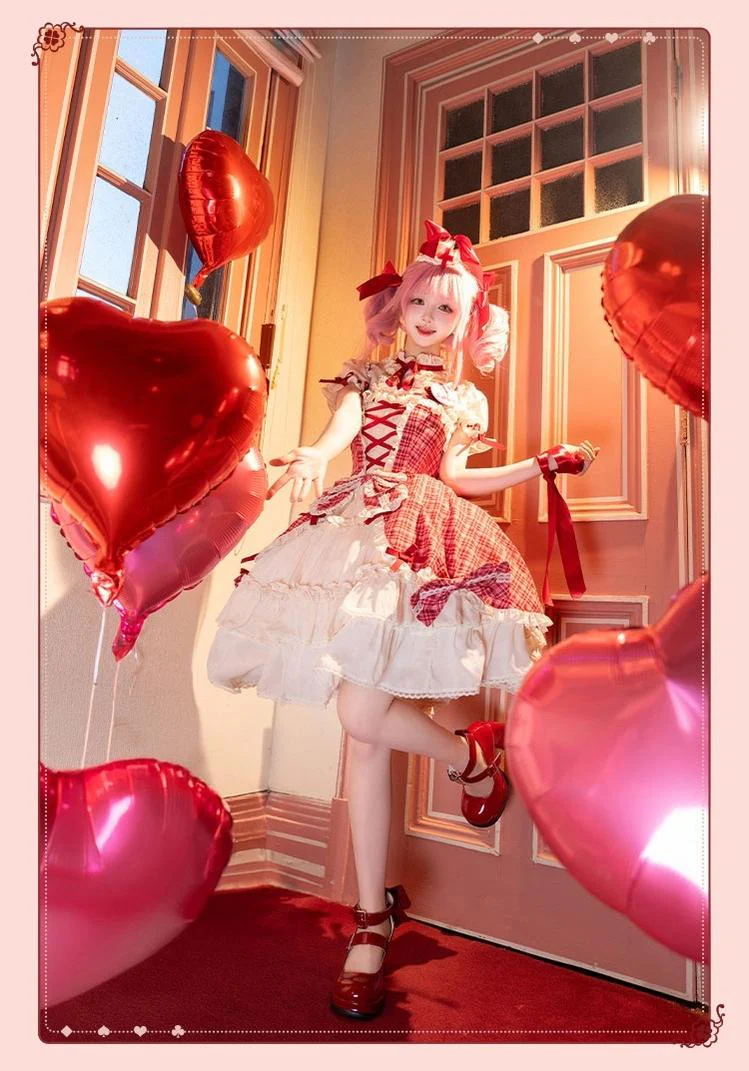 Confession Balloon - Red Plaid Cake Skirt - IP Collab Lolita Plaid JSK Dress - Image 10