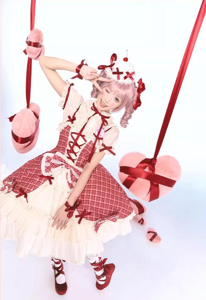 Confession Balloon - Red Plaid Cake Skirt - IP Collab Lolita Plaid JSK Dress - Image 14