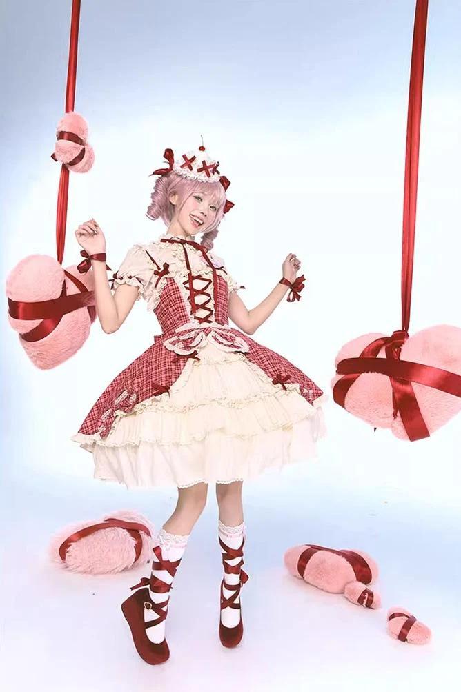 Confession Balloon - Red Plaid Cake Skirt - IP Collab Lolita Plaid JSK Dress - Image 15