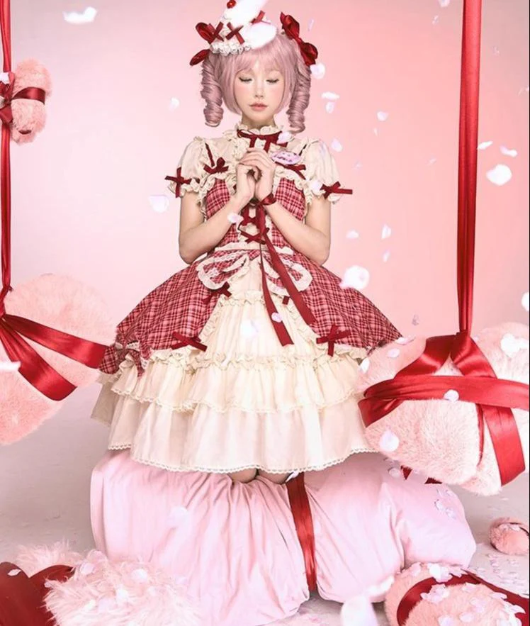 Confession Balloon - Red Plaid Cake Skirt - IP Collab Lolita Plaid JSK Dress - Image 4